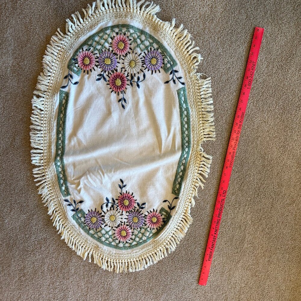 Vintage Handmade Oval Floral Embroidered Table Runner